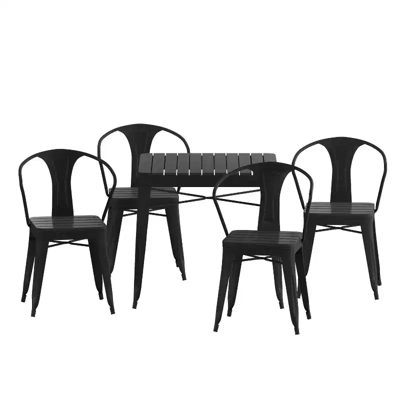 Emma et Oliver, ensemble de patio moderne de 5 pièces en acier noir et polyrésine, résistant aux intempéries et à la rouille, avec table et 4 chaises, utilisation intérieure et extérieure
