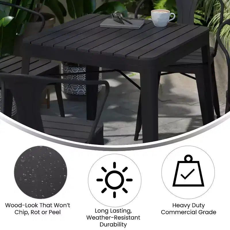 Emma et Oliver, ensemble de patio moderne de 5 pièces en acier noir et polyrésine, résistant aux intempéries et à la rouille, avec table et 4 chaises, utilisation intérieure et extérieure