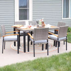 Ensemble de salle à manger d'extérieur Carlow de Sunnydaze en rotin et bois d'acacia avec table, chaises et coussins d'assise - 7 pièces