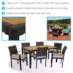 Ensemble de salle à manger d'extérieur Carlow de Sunnydaze en rotin et bois d'acacia avec table, chaises et coussins d'assise - 7 pièces