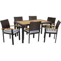 Ensemble de salle à manger d'extérieur Carlow de Sunnydaze en rotin et bois d'acacia avec table, chaises et coussins d'assise - 7 pièces
