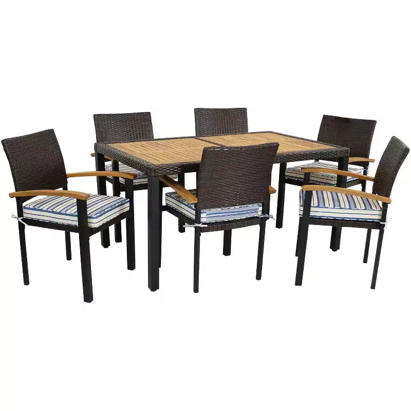 Ensemble de salle à manger d'extérieur Carlow de Sunnydaze en rotin et bois d'acacia avec table, chaises et coussins d'assise - 7 pièces