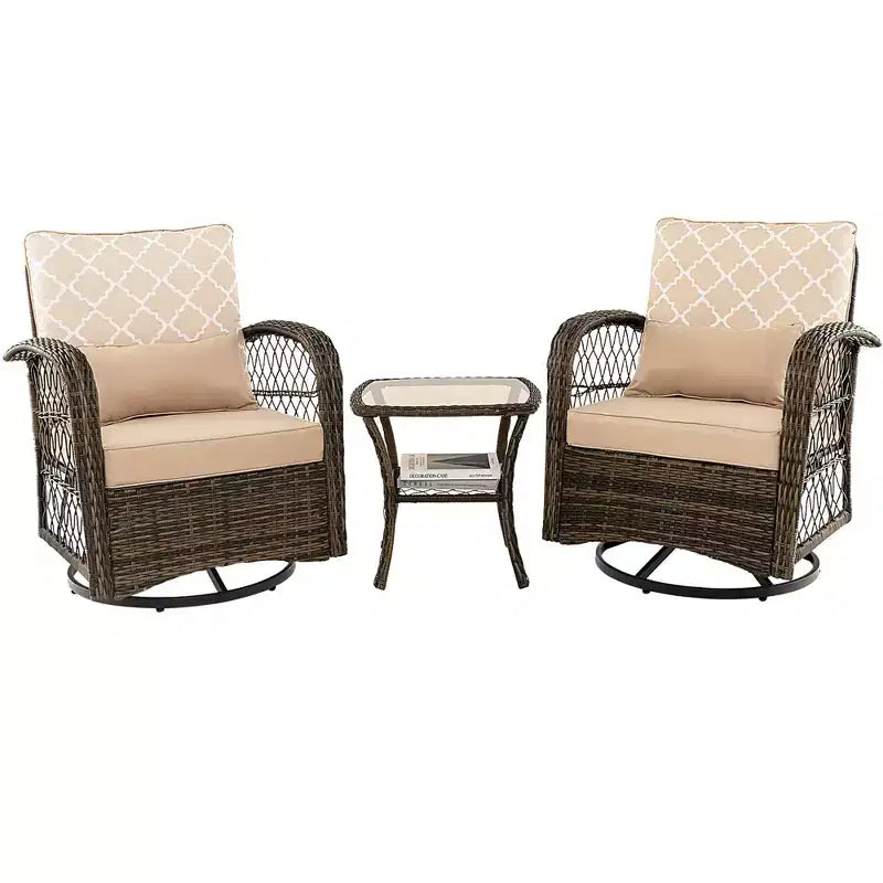 Costway Salon de jardin 3 pièces en osier pivotant et inclinable, 2 fauteuils à bascule à 360 degrés avec table basse