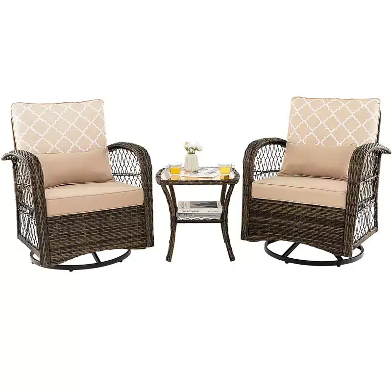 Costway Salon de jardin 3 pièces en osier pivotant et inclinable, 2 fauteuils à bascule à 360 degrés avec table basse