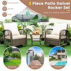 Costway Salon de jardin 3 pièces en osier pivotant et inclinable, 2 fauteuils à bascule à 360 degrés avec table basse