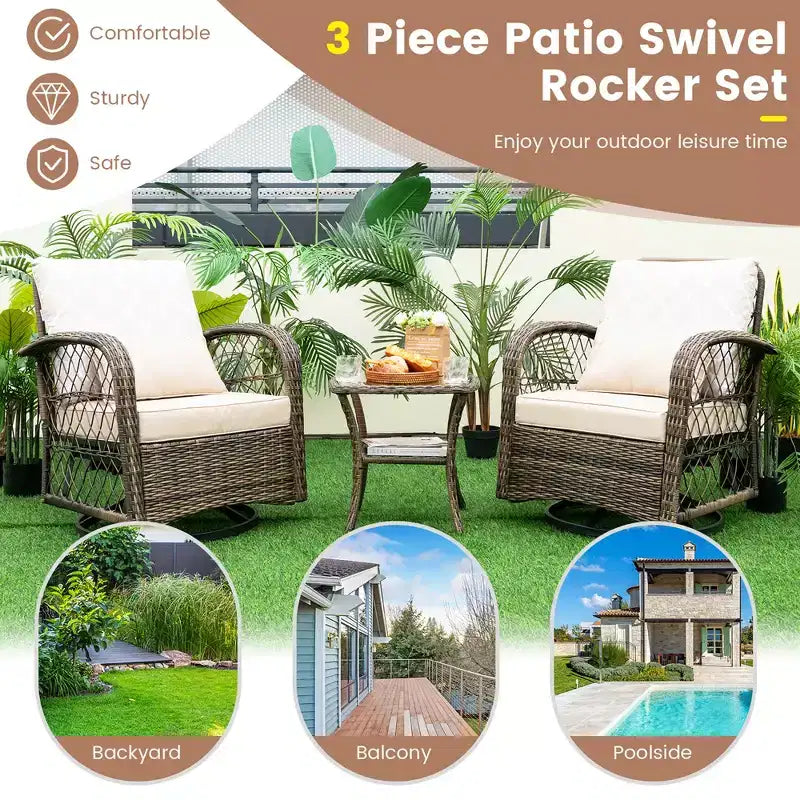 Costway Salon de jardin 3 pièces en osier pivotant et inclinable, 2 fauteuils à bascule à 360 degrés avec table basse