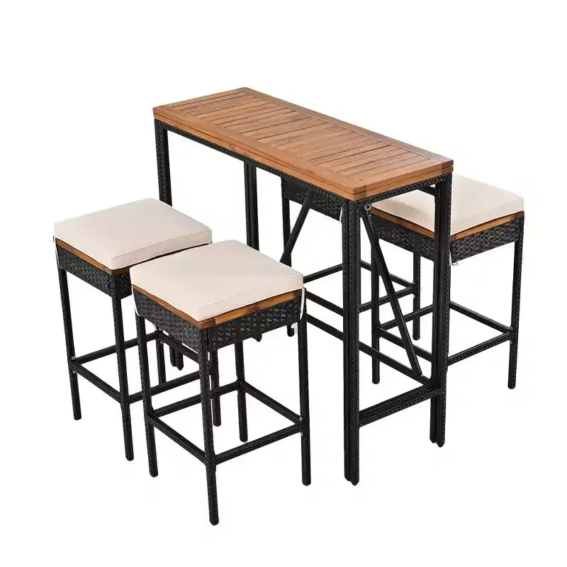 Ensemble de bar 5 pièces en osier pour terrasse extérieure avec plateau pliant en bois d'acacia, 4 tabourets et 1 table, marron - ModernLuxe