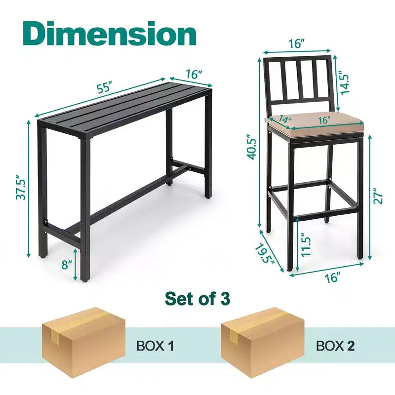Costway 3PCS Patio Dining Table Set Metal Bar Table & Chairs Set with Cushion