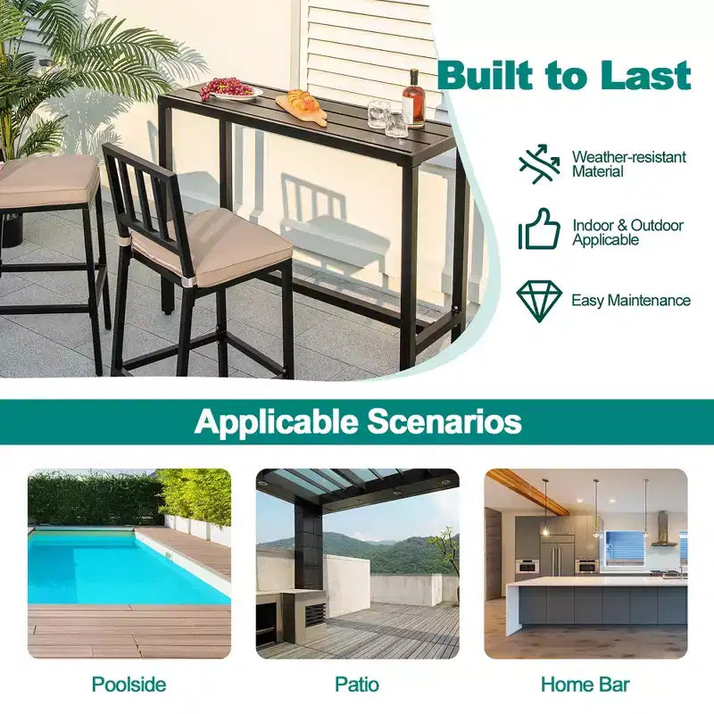 Costway 3PCS Outdoor Metal Bar Table & Chairs Set Patio Dining Table Set with Cushion