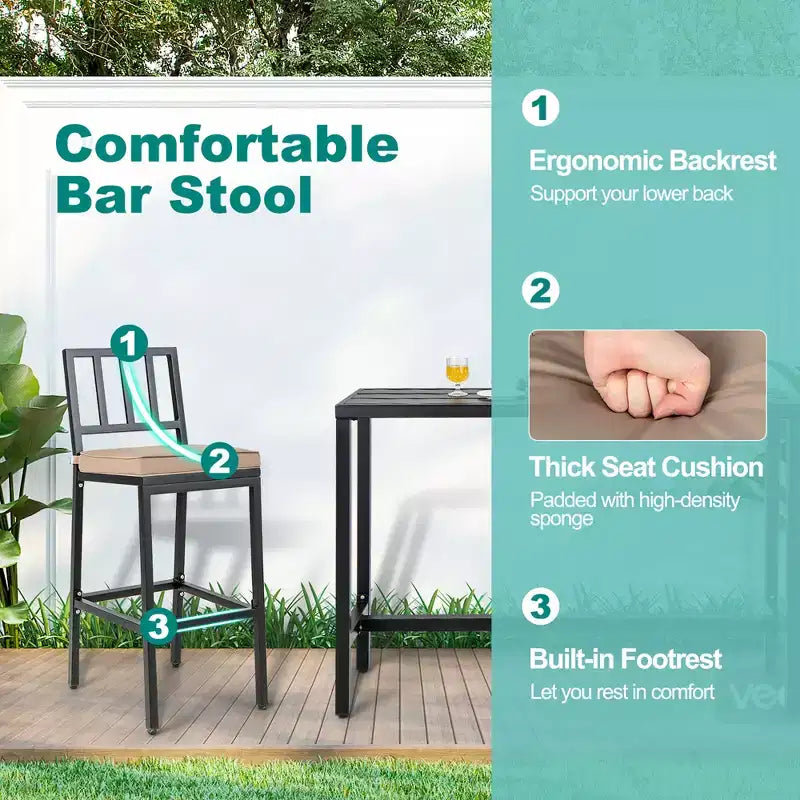 Costway 3PCS Outdoor Metal Bar Table & Chairs Set Patio Dining Table Set with Cushion