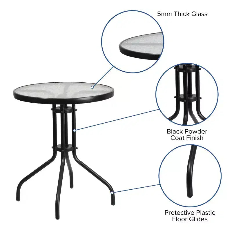 Ensemble de patio trois pièces Emma et Oliver avec table à cadre métallique rond et plateau en verre trempé et deux chaises empilables Flex Comfort