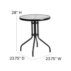 Ensemble de patio trois pièces Emma et Oliver avec table à cadre métallique rond et plateau en verre trempé et deux chaises empilables Flex Comfort