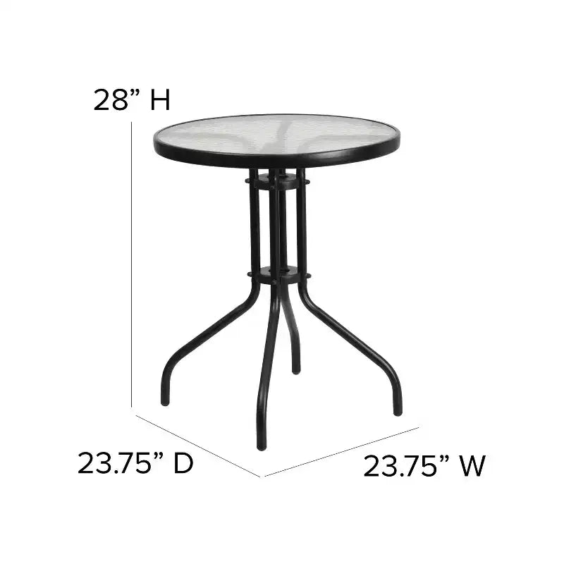 Ensemble de patio trois pièces Emma et Oliver avec table à cadre métallique rond et plateau en verre trempé et deux chaises empilables Flex Comfort