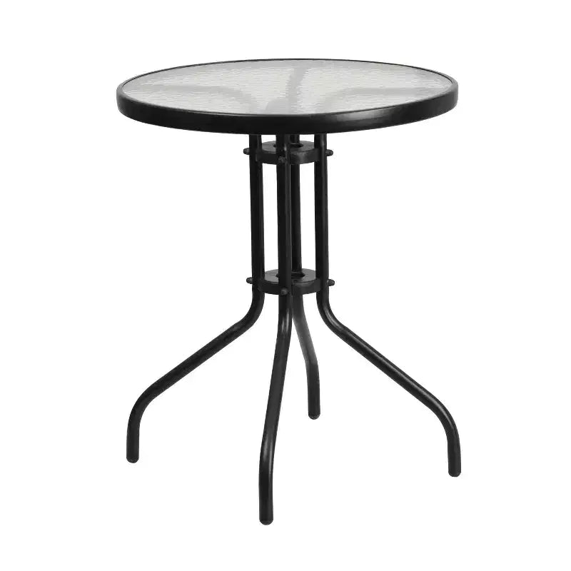 Ensemble de patio trois pièces Emma et Oliver avec table à cadre métallique rond et plateau en verre trempé et deux chaises empilables Flex Comfort