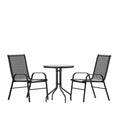 Ensemble de patio trois pièces Emma et Oliver avec table à cadre métallique rond et plateau en verre trempé et deux chaises empilables Flex Comfort