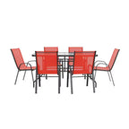 Ensemble de table de patio sept pièces Emma et Oliver avec table en métal avec plateau en verre trempé et 6 chaises empilables Flex Comfort