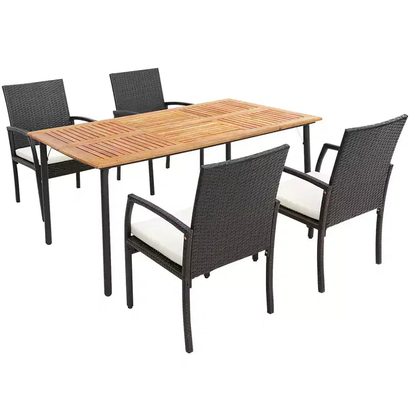 Costway Ensemble de salle à manger d'extérieur 5 pièces chaises à accoudoirs avec coussins table en bois d'acacia avec trou pour parasol
