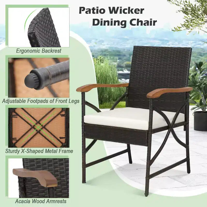 Costway 7PCS Patio Wicker Dining Set Cushion Acacia Wood Armrests Table with Umbrella Hole
