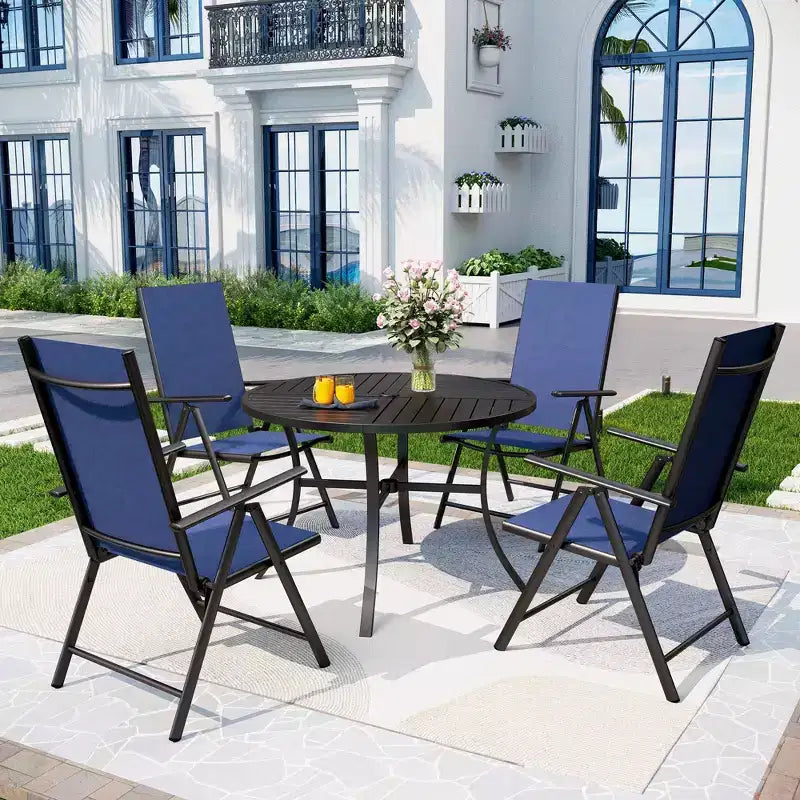 Ensemble de salle à manger d'extérieur 5 pièces Captiva Designs avec chaises pliantes réglables 7 positions et table ronde en métal avec trou pour parasol
