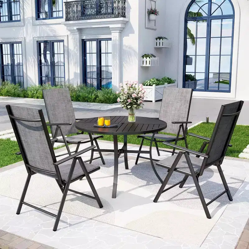 Ensemble de salle à manger d'extérieur 5 pièces Captiva Designs avec chaises pliantes réglables 7 positions et table ronde en métal avec trou pour parasol
