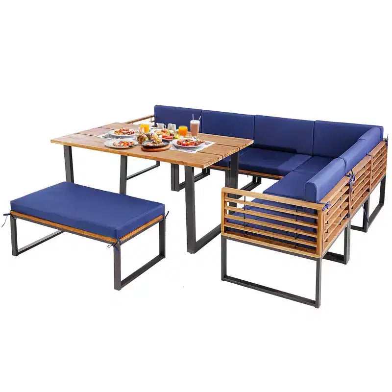 Costway Ensemble de 8 meubles de jardin en bois d'acacia avec table à manger et fauteuils-ottomans