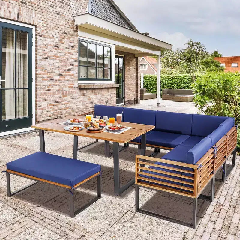 Costway Ensemble de 8 meubles de jardin en bois d'acacia avec table à manger et fauteuils-ottomans