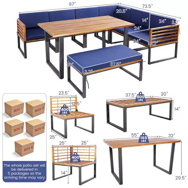 Costway Ensemble de 8 meubles de jardin en bois d'acacia avec table à manger et fauteuils-ottomans