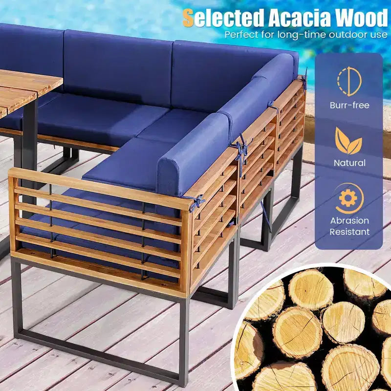 Costway Ensemble de 8 meubles de jardin en bois d'acacia avec table à manger et fauteuils-ottomans