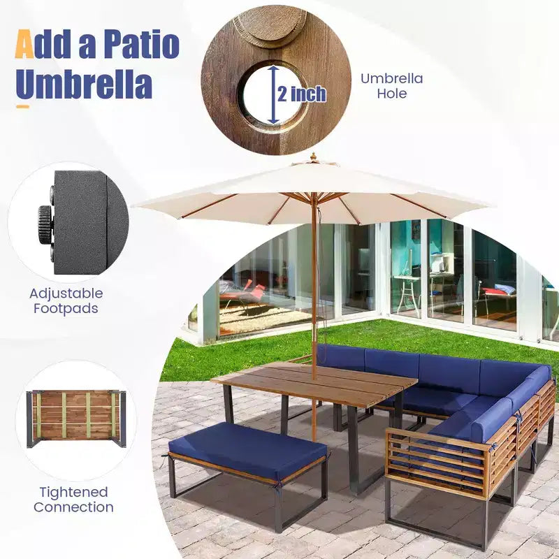 Costway Ensemble de 8 meubles de jardin en bois d'acacia avec table à manger et fauteuils-ottomans
