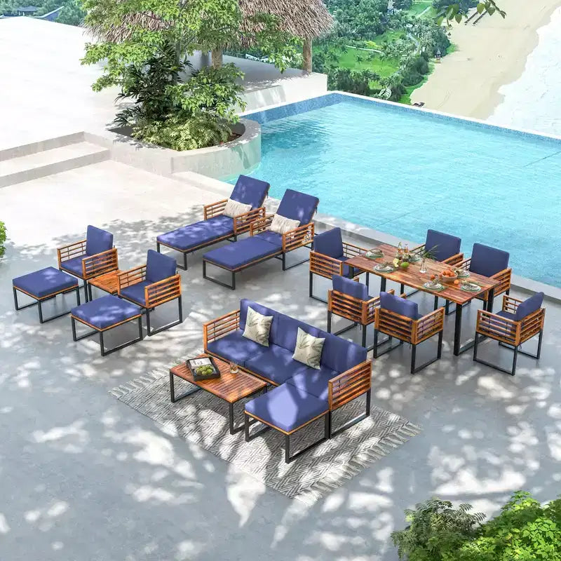 Costway Ensemble de 8 meubles de jardin en bois d'acacia avec table à manger et fauteuils-ottomans