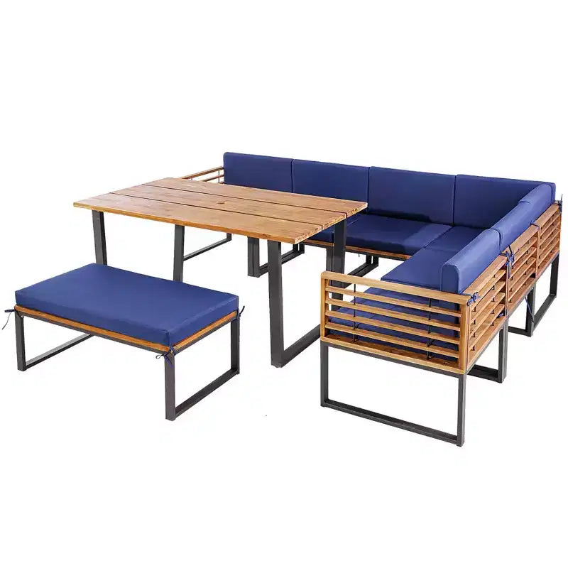 Costway Ensemble de 8 meubles de jardin en bois d'acacia avec table à manger et fauteuils-ottomans