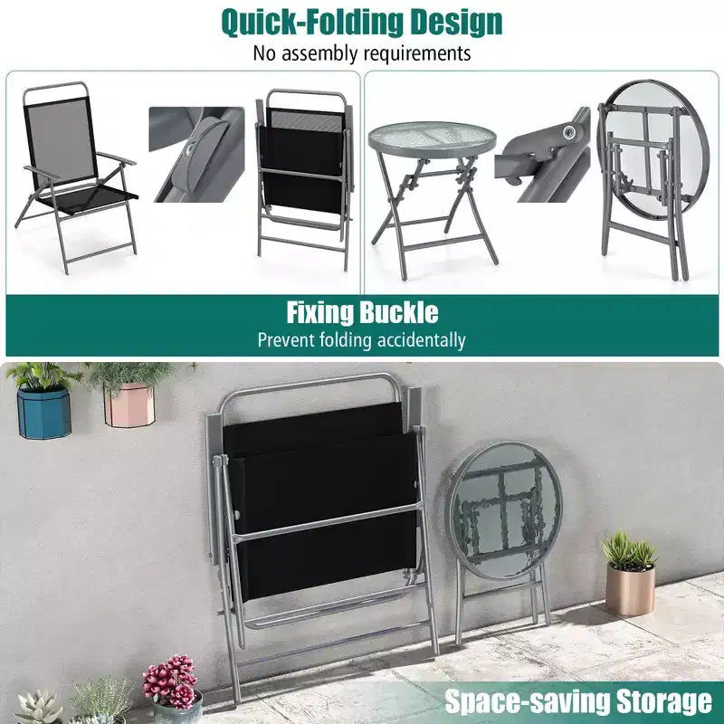 Costway 3pcs Patio Folding Table Chair Set Extra-Large Seat Metal Frame Portable Outdoor