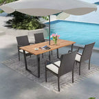 Costway 5 PCS Patio Rattan Dining Set Acacia Wood Table 4 Wicker Chairs with Umbrella Hole