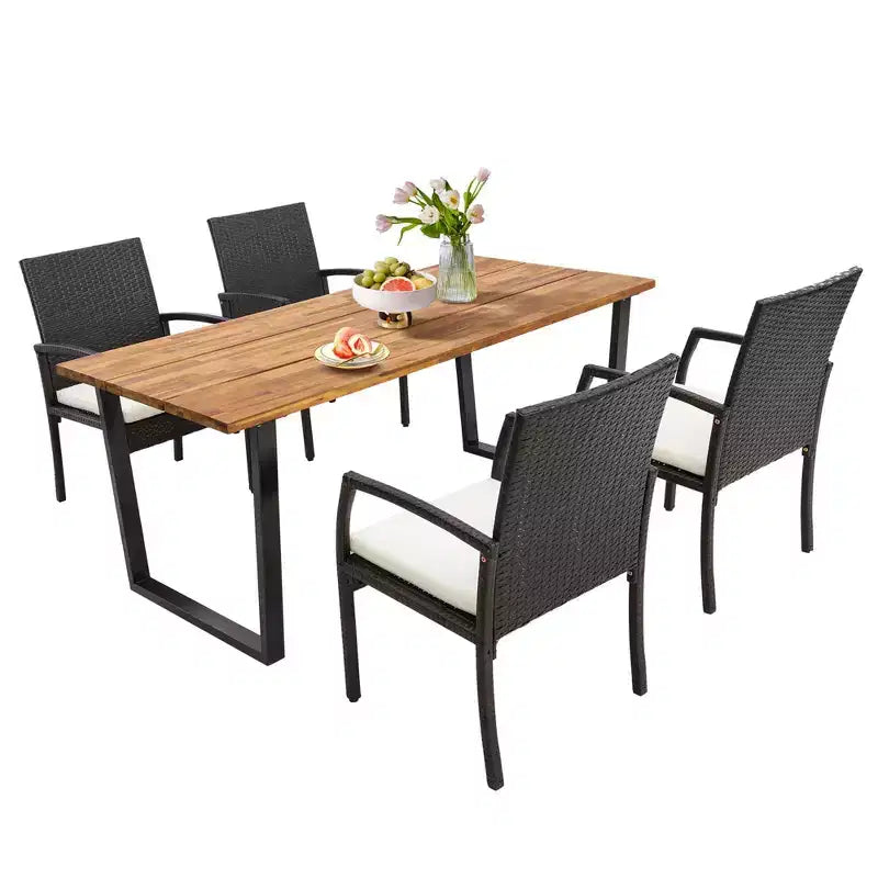 Costway 5 PCS Patio Rattan Dining Set Acacia Wood Table 4 Wicker Chairs with Umbrella Hole