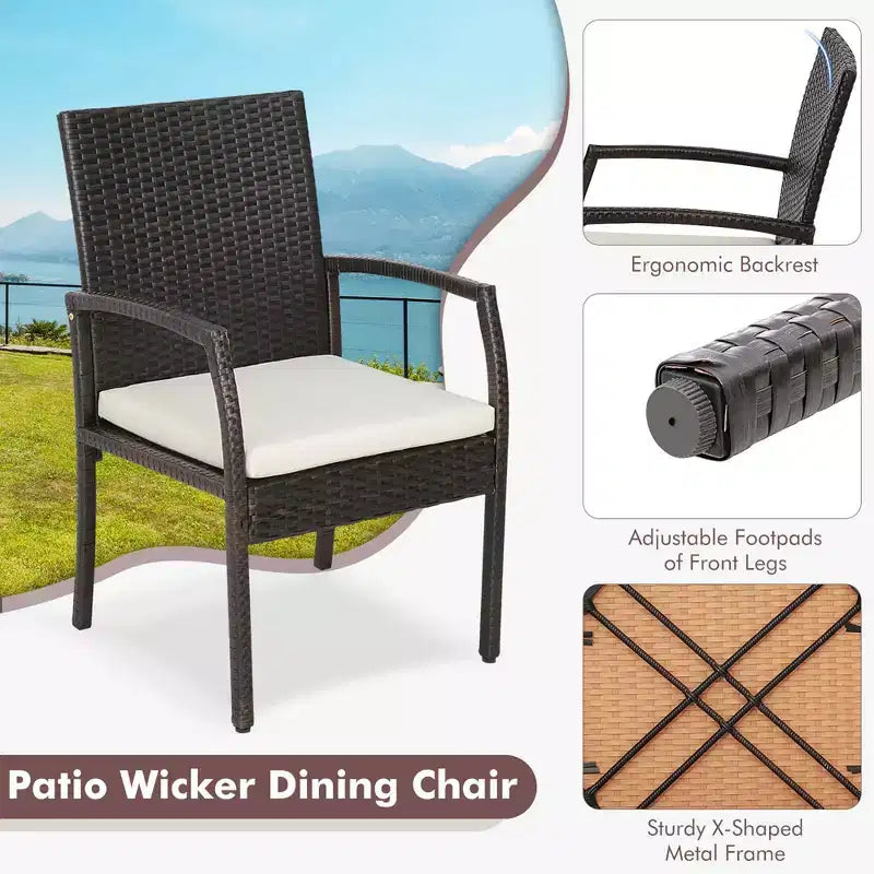 Costway 5 PCS Patio Rattan Dining Set Acacia Wood Table 4 Wicker Chairs with Umbrella Hole