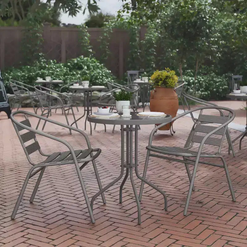 Flash Furniture Lila 23.75'' Round Glass Metal Table with 2 Metal Aluminum Slat Stack Chairs