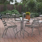 Flash Furniture Lila 23.75'' Round Glass Metal Table with 2 Metal Aluminum Slat Stack Chairs