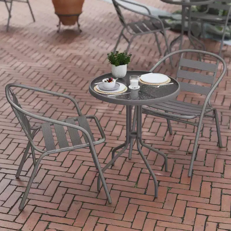 Flash Furniture Lila 23.75'' Round Glass Metal Table with 2 Metal Aluminum Slat Stack Chairs