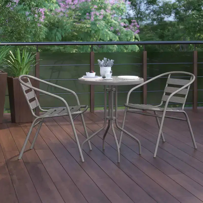 Flash Furniture Lila 23.75'' Round Glass Metal Table with 2 Metal Aluminum Slat Stack Chairs