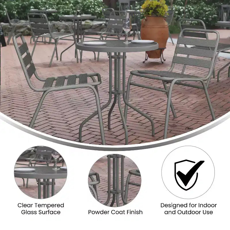 Flash Furniture Lila 23.75'' Round Glass Metal Table with 2 Metal Aluminum Slat Stack Chairs