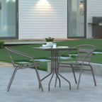 Emma and Oliver 23.5'' Square Glass Top Metal Table with 2 Aluminum Slat Stack Chairs