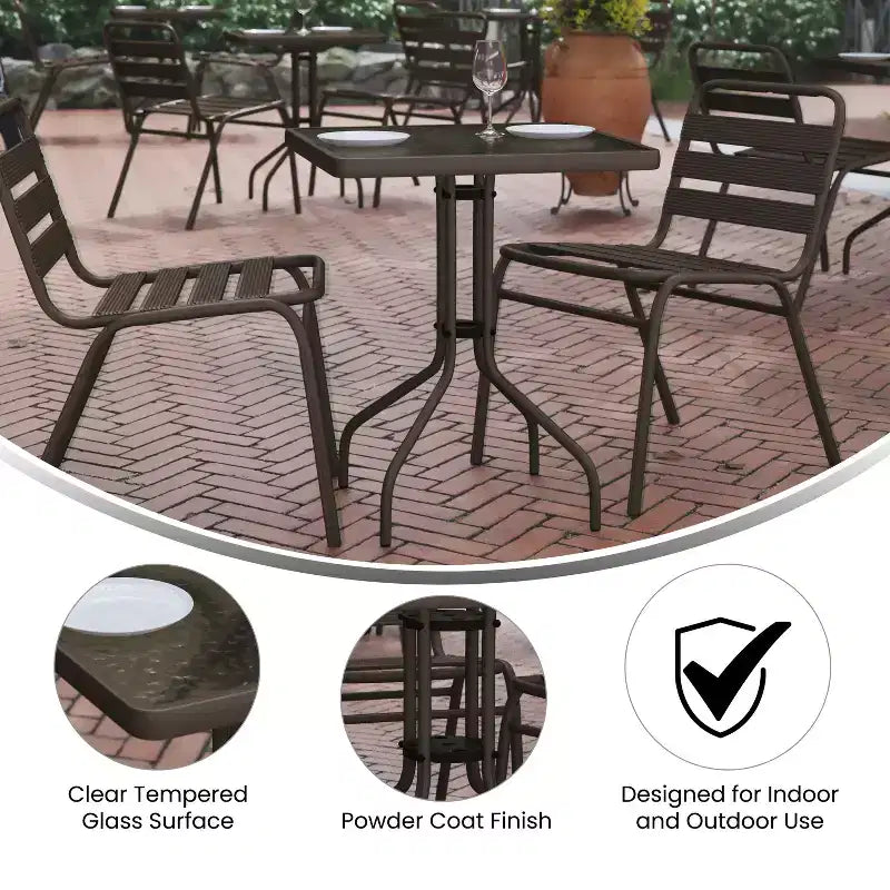 Emma and Oliver 23.5'' Square Glass Top Metal Table with 2 Aluminum Slat Stack Chairs