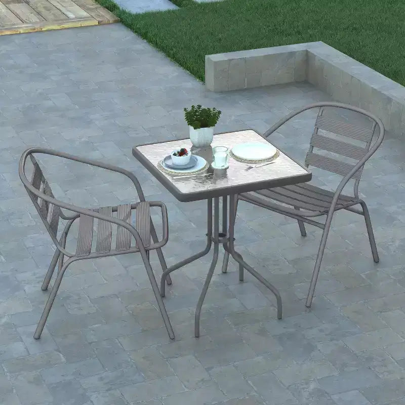 Emma and Oliver 23.5'' Square Glass Top Metal Table with 2 Aluminum Slat Stack Chairs