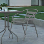 Emma and Oliver 23.5'' Square Glass Top Metal Table with 2 Aluminum Slat Stack Chairs