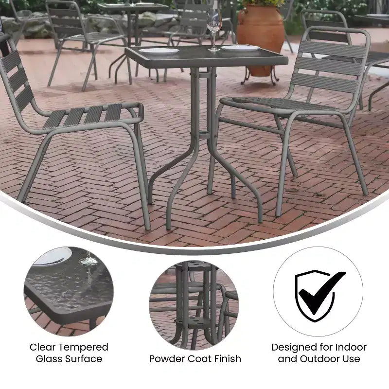 Emma and Oliver 23.5'' Square Glass Top Metal Table with 2 Aluminum Slat Stack Chairs