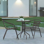 Emma et Oliver Table ronde en verre de 23,75 po avec 2 chaises empilables à lattes en aluminium
