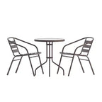 Emma et Oliver Table ronde en verre de 23,75 po avec 2 chaises empilables à lattes en aluminium