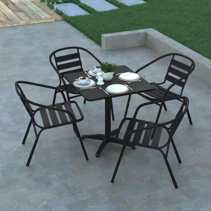 Emma and Oliver 27.5'' Square Aluminum Indoor-Outdoor Table Set with 4 Slat Back Chairs