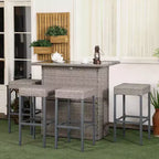Outsunny Ensemble de bar 5 pièces en rotin, table haute d'extérieur et chaises avec plateau en verre, étagère de rangement et 4 tabourets de bar pour piscine