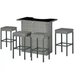 Outsunny Ensemble de bar 5 pièces en rotin, table haute d'extérieur et chaises avec plateau en verre, étagère de rangement et 4 tabourets de bar pour piscine